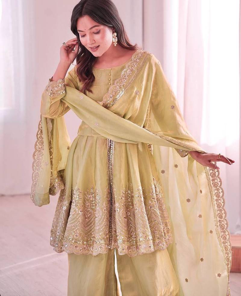 Women's Gorgeous Embroidery Fendy Silk Fabric Flared Kurta Palazzo and Dupatta Set