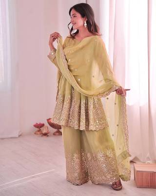 Women's Gorgeous Embroidery Fendy Silk Fabric Flared Kurta Palazzo and Dupatta Set 3