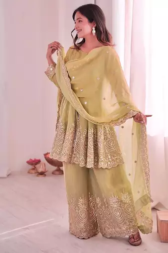 Women's Gorgeous Embroidery Fendy Silk Fabric Flared Kurta Palazzo and Dupatta Set