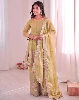 Women's Gorgeous Embroidery Fendy Silk Fabric Flared Kurta Palazzo and Dupatta Set 4