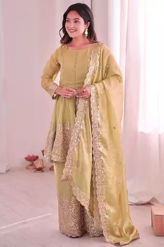 Women's Gorgeous Embroidery Fendy Silk Fabric Flared Kurta Palazzo and Dupatta Set
