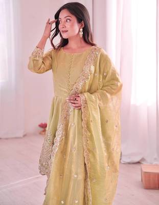 Women's Gorgeous Embroidery Fendy Silk Fabric Flared Kurta Palazzo and Dupatta Set 5