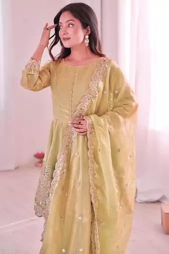 Women's Gorgeous Embroidery Fendy Silk Fabric Flared Kurta Palazzo and Dupatta Set