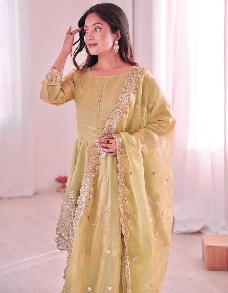 Women's Gorgeous Embroidery Fendy Silk Fabric Flared Kurta Palazzo and Dupatta Set