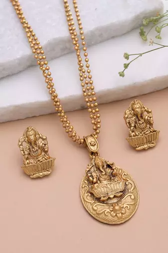 Gold color temple necklace jewelry set south indian design