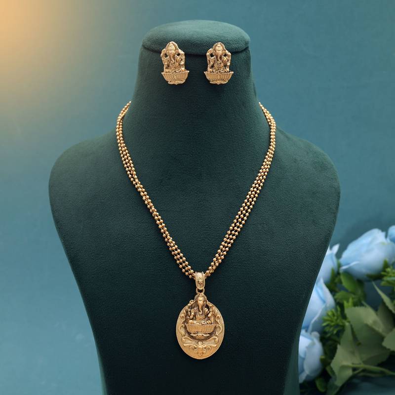 Gold color temple necklace jewelry set south indian design