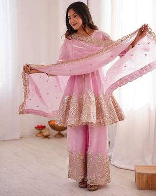 Women's Gorgeous Embroidery Fendy Silk Fabric Flared Kurta Palazzo and Dupatta Set 1