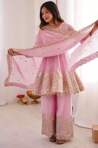 Women's Gorgeous Embroidery Fendy Silk Fabric Flared Kurta Palazzo and Dupatta Set