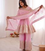 Women's Gorgeous Embroidery Fendy Silk Fabric Flared Kurta Palazzo and Dupatta Set