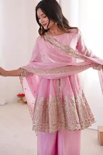 Women's Gorgeous Embroidery Fendy Silk Fabric Flared Kurta Palazzo and Dupatta Set