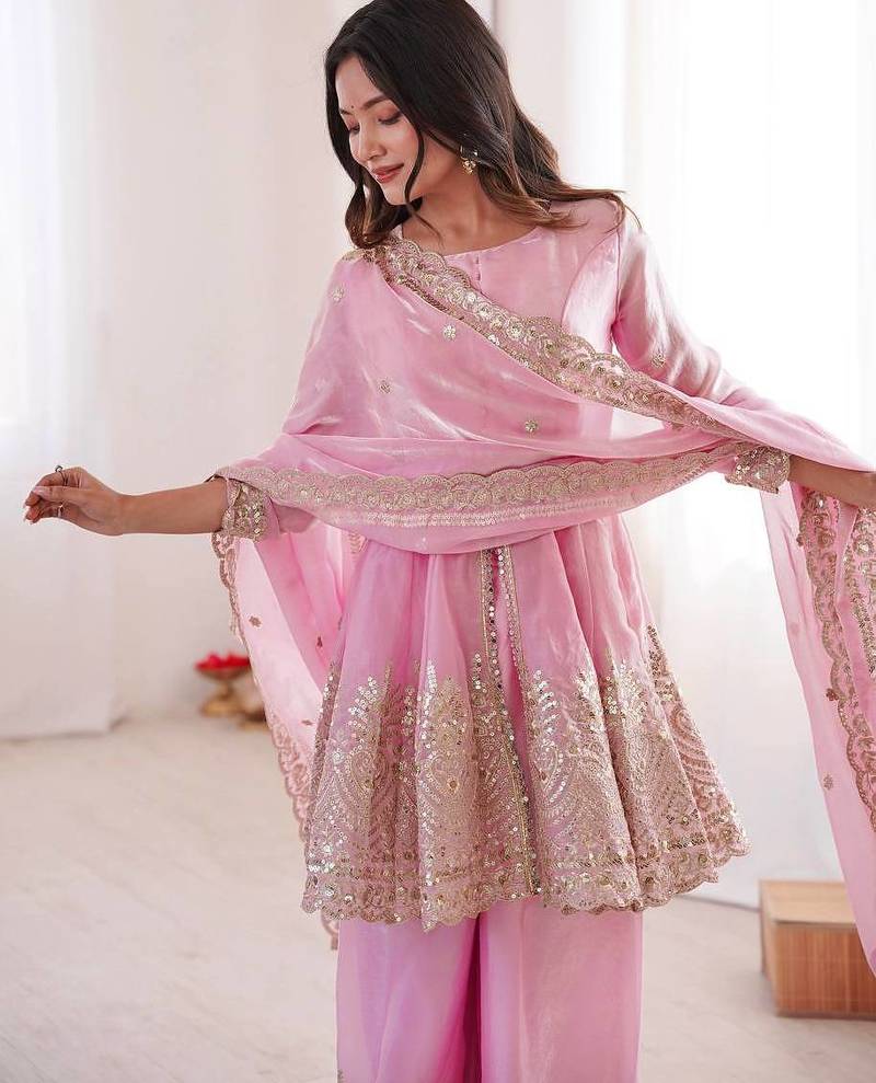 Women's Gorgeous Embroidery Fendy Silk Fabric Flared Kurta Palazzo and Dupatta Set