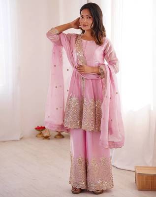 Women's Gorgeous Embroidery Fendy Silk Fabric Flared Kurta Palazzo and Dupatta Set 3