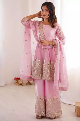 Women's Gorgeous Embroidery Fendy Silk Fabric Flared Kurta Palazzo and Dupatta Set