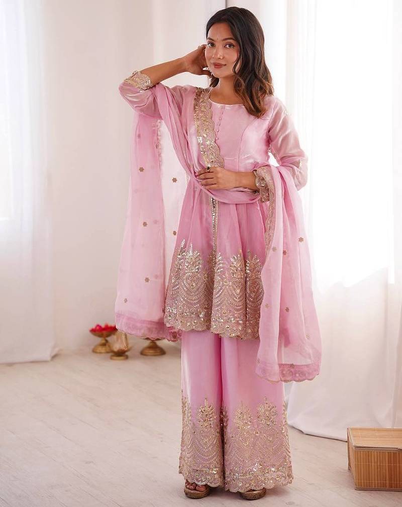 Women's Gorgeous Embroidery Fendy Silk Fabric Flared Kurta Palazzo and Dupatta Set