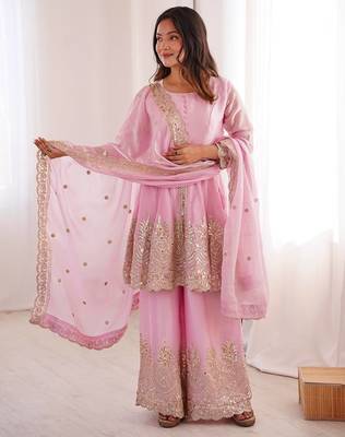 Women's Gorgeous Embroidery Fendy Silk Fabric Flared Kurta Palazzo and Dupatta Set 4