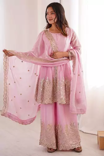 Women's Gorgeous Embroidery Fendy Silk Fabric Flared Kurta Palazzo and Dupatta Set
