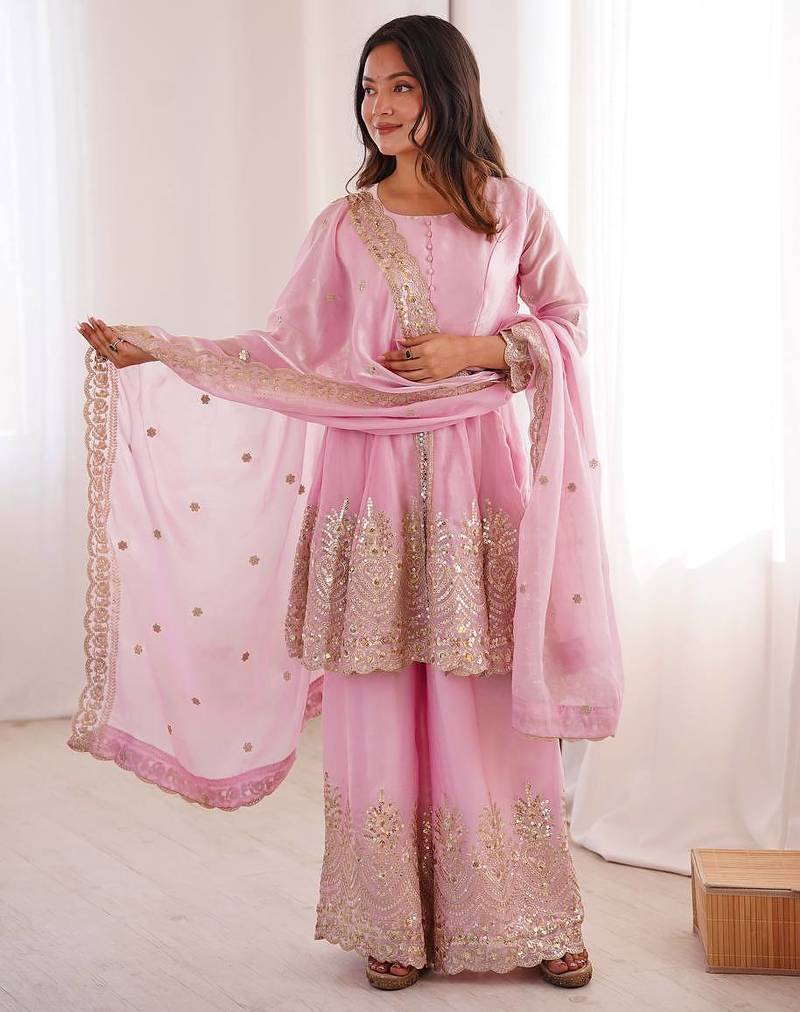 Women's Gorgeous Embroidery Fendy Silk Fabric Flared Kurta Palazzo and Dupatta Set