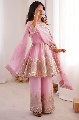 Women's Gorgeous Embroidery Fendy Silk Fabric Flared Kurta Palazzo and Dupatta Set