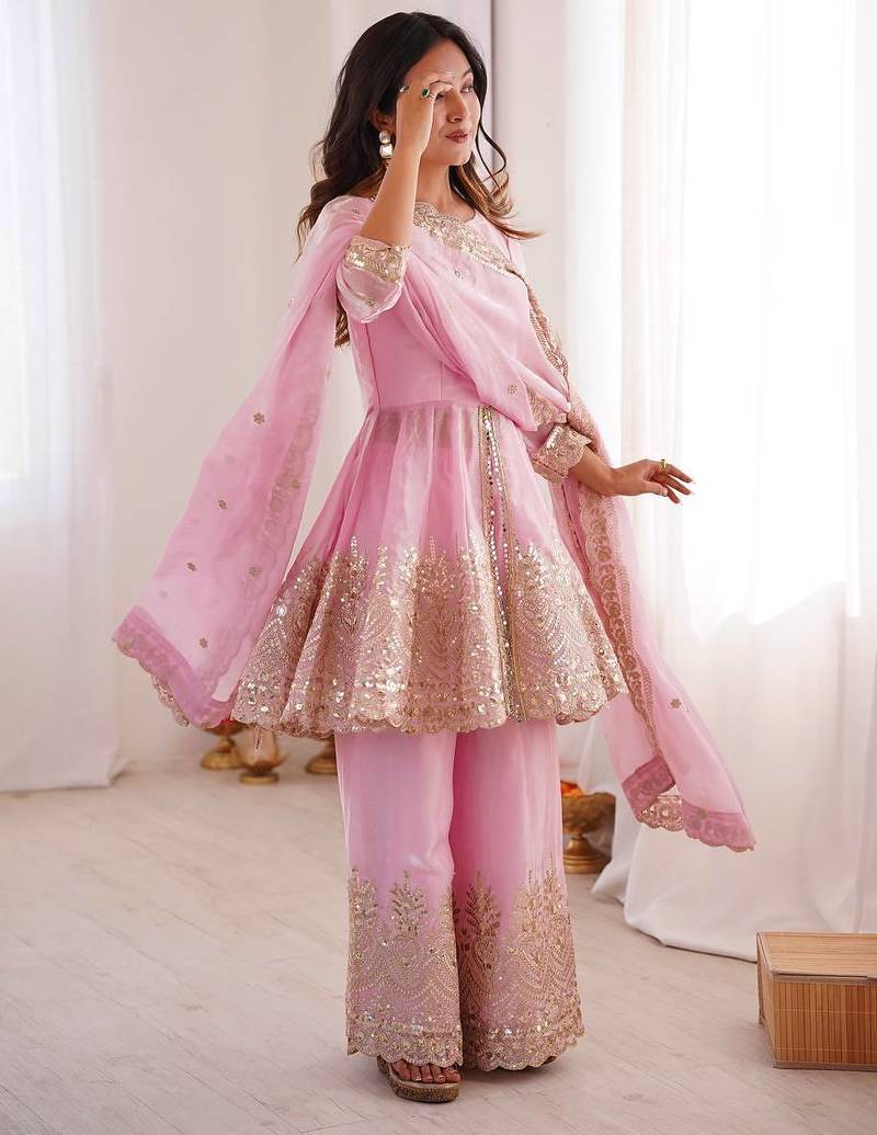 Women's Gorgeous Embroidery Fendy Silk Fabric Flared Kurta Palazzo and Dupatta Set