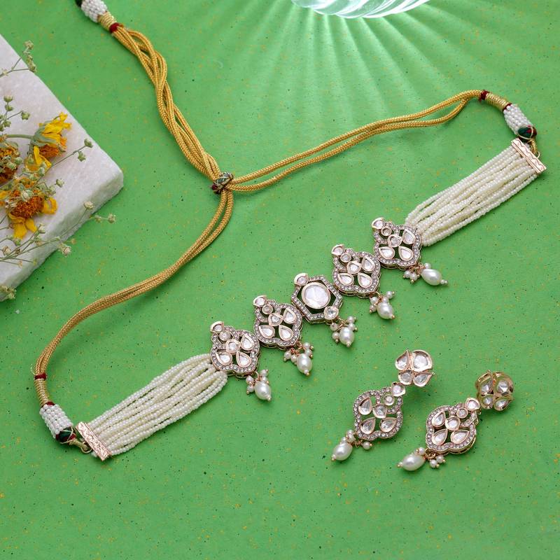 White color american diamond necklace set crystal designer finish