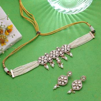 White color american diamond necklace set party wear style 1