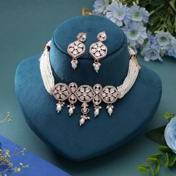 White color american diamond necklace set party wear style 2