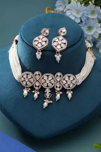 White color american diamond necklace set party wear style