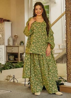 Floral printed pure cotton square neck kurta trouser & dupatta set 1