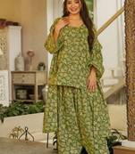 Floral printed pure cotton square neck kurta trouser & dupatta set