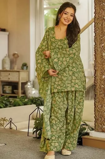 Floral printed pure cotton square neck kurta trouser & dupatta set