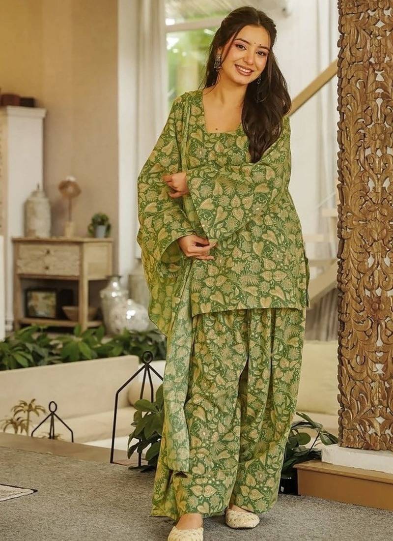 Floral printed pure cotton square neck kurta trouser & dupatta set