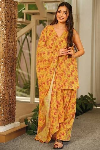 Floral printed pure cotton v neck kurta trouser & dupatta set