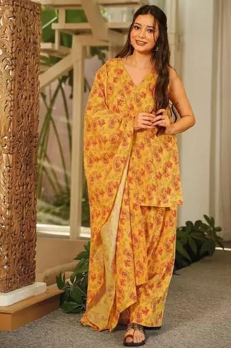 Floral printed pure cotton v neck kurta trouser & dupatta set
