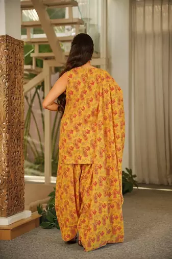 Floral printed pure cotton v neck kurta trouser & dupatta set