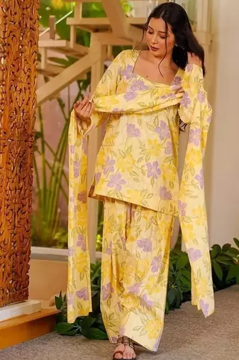 Floral printed pure cotton square neck kurta trouser & dupatta set