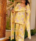 Floral printed pure cotton square neck kurta trouser & dupatta set