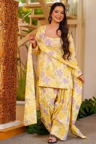 Floral printed pure cotton square neck kurta trouser & dupatta set