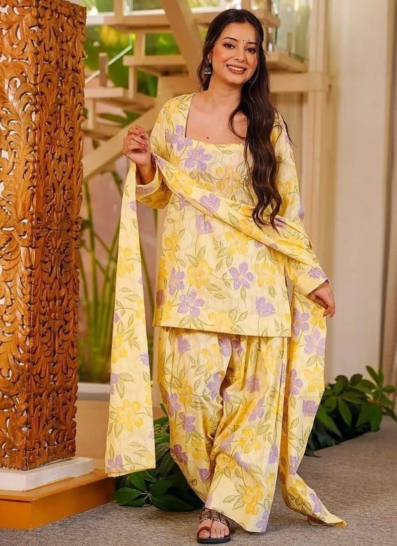 Floral printed pure cotton square neck kurta trouser & dupatta set