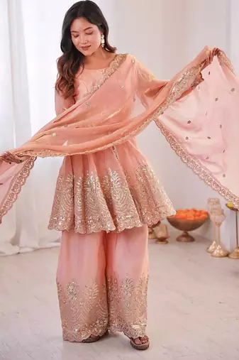 Women's Gorgeous Embroidery Work Fendy Silk Fabric Flared Kurta Palazzo and Dupatta Set