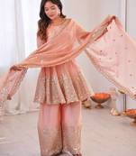 Women's Gorgeous Embroidery Work Fendy Silk Fabric Flared Kurta Palazzo and Dupatta Set