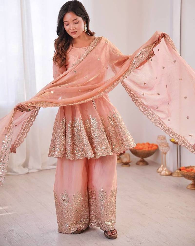 Women's Gorgeous Embroidery Work Fendy Silk Fabric Flared Kurta Palazzo and Dupatta Set