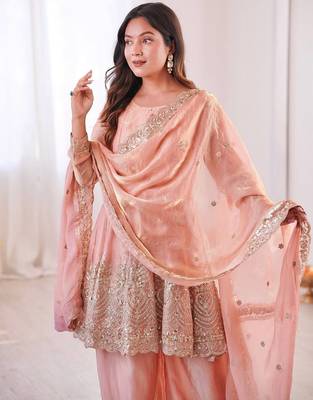 Women's Gorgeous Embroidery Work Fendy Silk Fabric Flared Kurta Palazzo and Dupatta Set 2