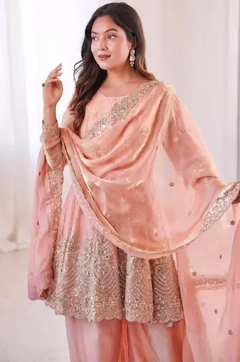 Women's Gorgeous Embroidery Work Fendy Silk Fabric Flared Kurta Palazzo and Dupatta Set