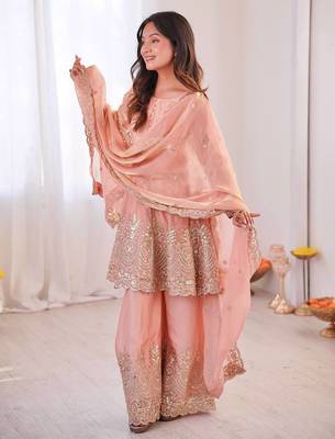Women's Gorgeous Embroidery Work Fendy Silk Fabric Flared Kurta Palazzo and Dupatta Set 3