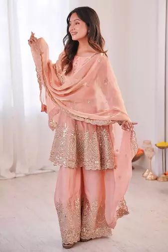 Women's Gorgeous Embroidery Work Fendy Silk Fabric Flared Kurta Palazzo and Dupatta Set
