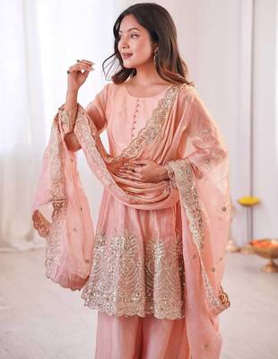 Women's Gorgeous Embroidery Work Fendy Silk Fabric Flared Kurta Palazzo and Dupatta Set 4