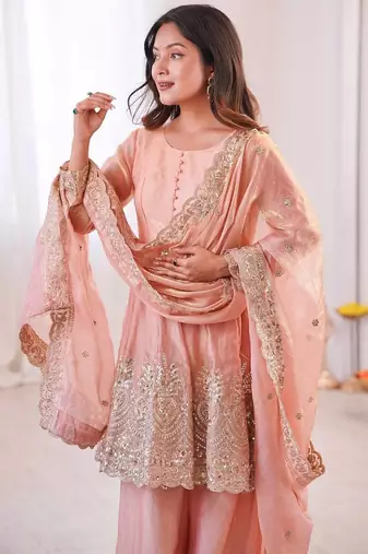 Women's Gorgeous Embroidery Work Fendy Silk Fabric Flared Kurta Palazzo and Dupatta Set