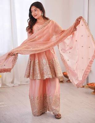 Women's Gorgeous Embroidery Work Fendy Silk Fabric Flared Kurta Palazzo and Dupatta Set 5
