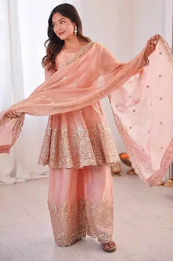 Women's Gorgeous Embroidery Work Fendy Silk Fabric Flared Kurta Palazzo and Dupatta Set