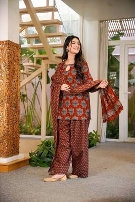 Floral printed pure cotton round neck kurta trouser & dupatta set 1